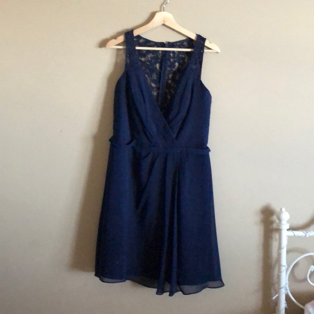 Navy blue prom dress with lace detail. Worn once